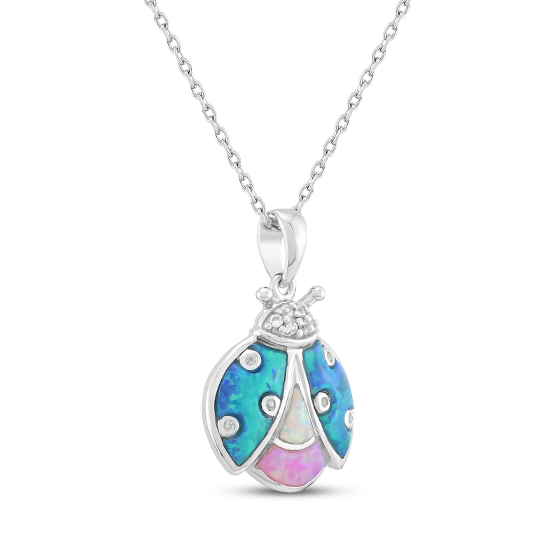 Main Image 2 of Blue-Green, White & Pink Lab-Created Opal, White Lab-Created Sapphire Ladybug Necklace Sterling Silver 18"