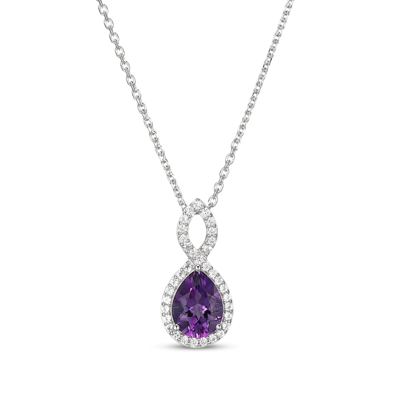 Main Image 1 of Pear-Shaped Amethyst & White Lab-Created Sapphire Twist Frame Necklace Sterling Silver 18"