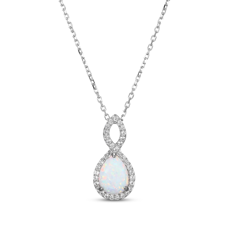 Main Image 1 of Pear-Shaped Lab-Created Opal & White Lab-Created Sapphire Twist Frame Necklace Sterling Silver 18"