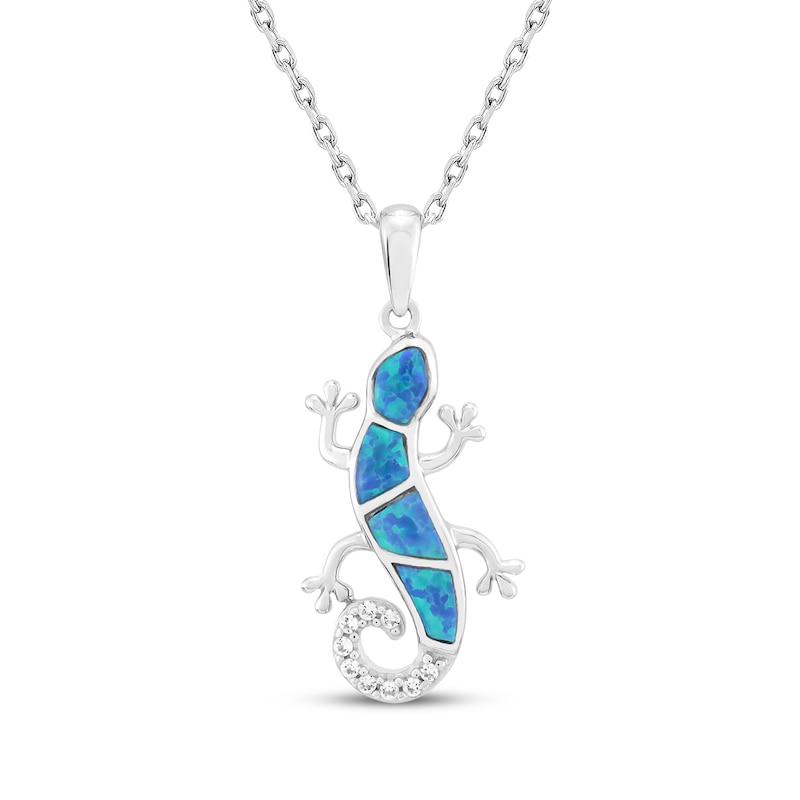 Main Image 1 of Blue-Green Lab-Created Opal & White Lab-Created Sapphire Gecko Necklace Sterling Silver 18"