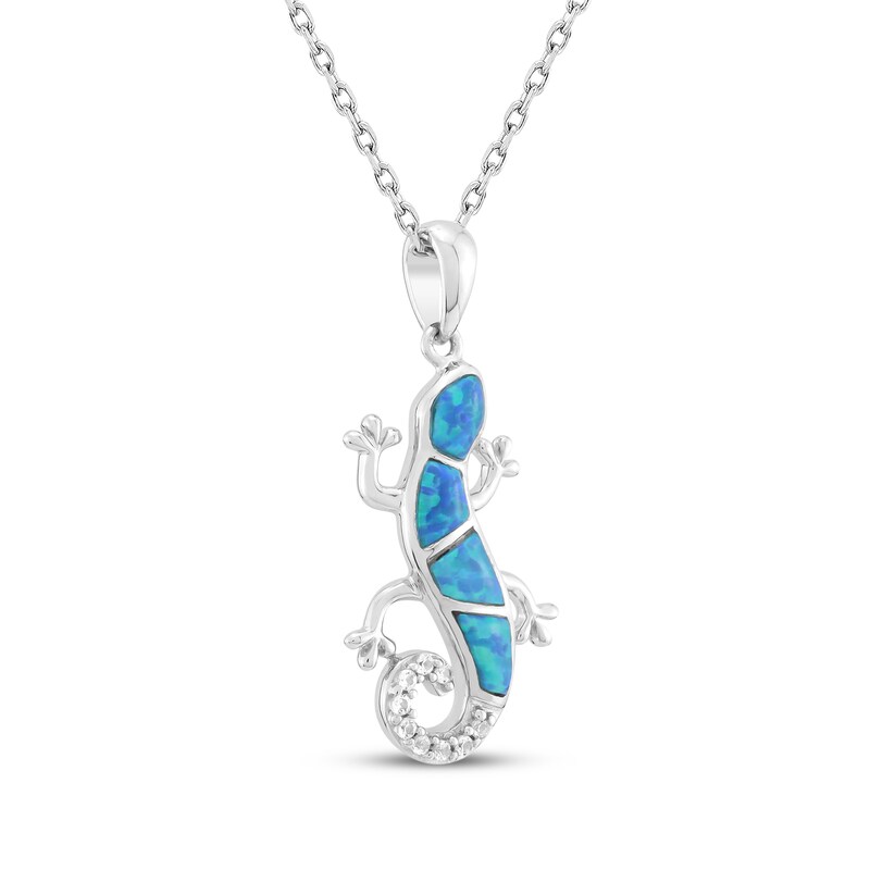 Main Image 2 of Blue-Green Lab-Created Opal & White Lab-Created Sapphire Gecko Necklace Sterling Silver 18"