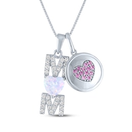 Heart-Shaped Lab-Created Opal, Pink & White Lab-Created Sapphire "Mom" Heart Necklace Sterling Silver 18"