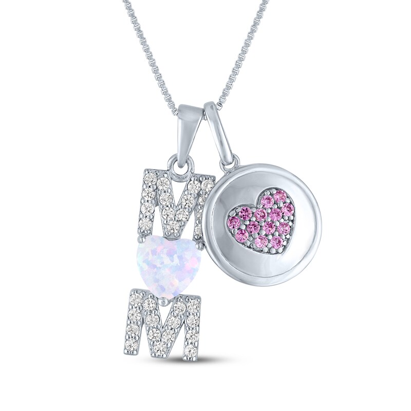 Main Image 1 of Heart-Shaped Lab-Created Opal, Pink & White Lab-Created Sapphire "Mom" Heart Necklace Sterling Silver 18"