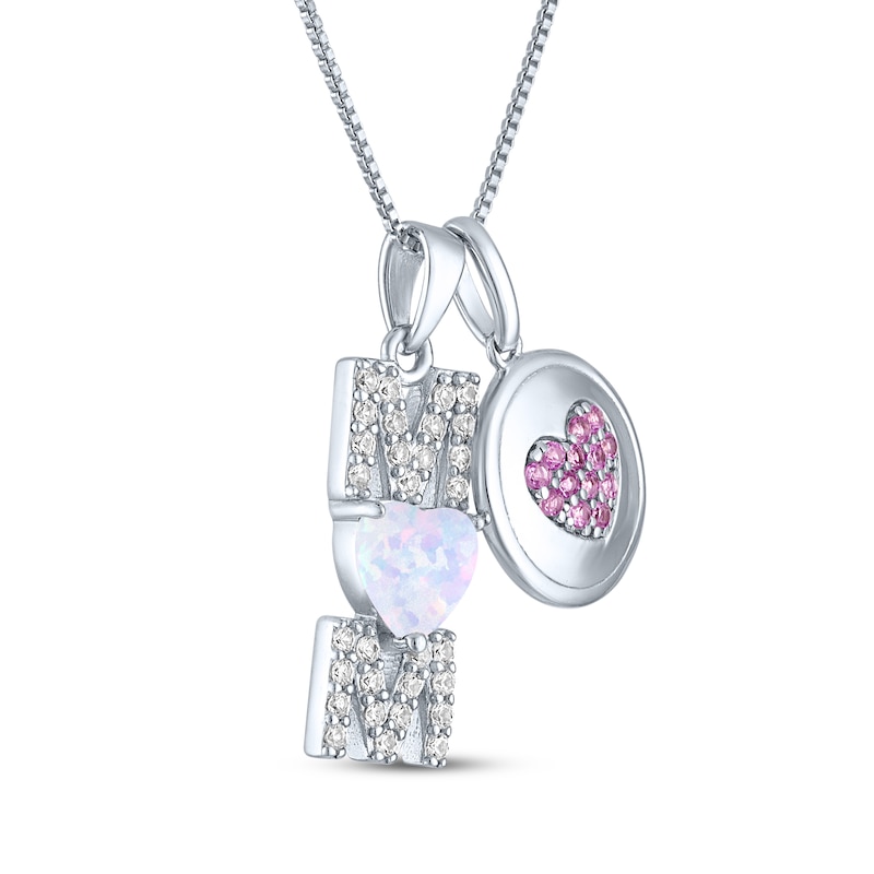Main Image 2 of Heart-Shaped Lab-Created Opal, Pink & White Lab-Created Sapphire "Mom" Heart Necklace Sterling Silver 18"