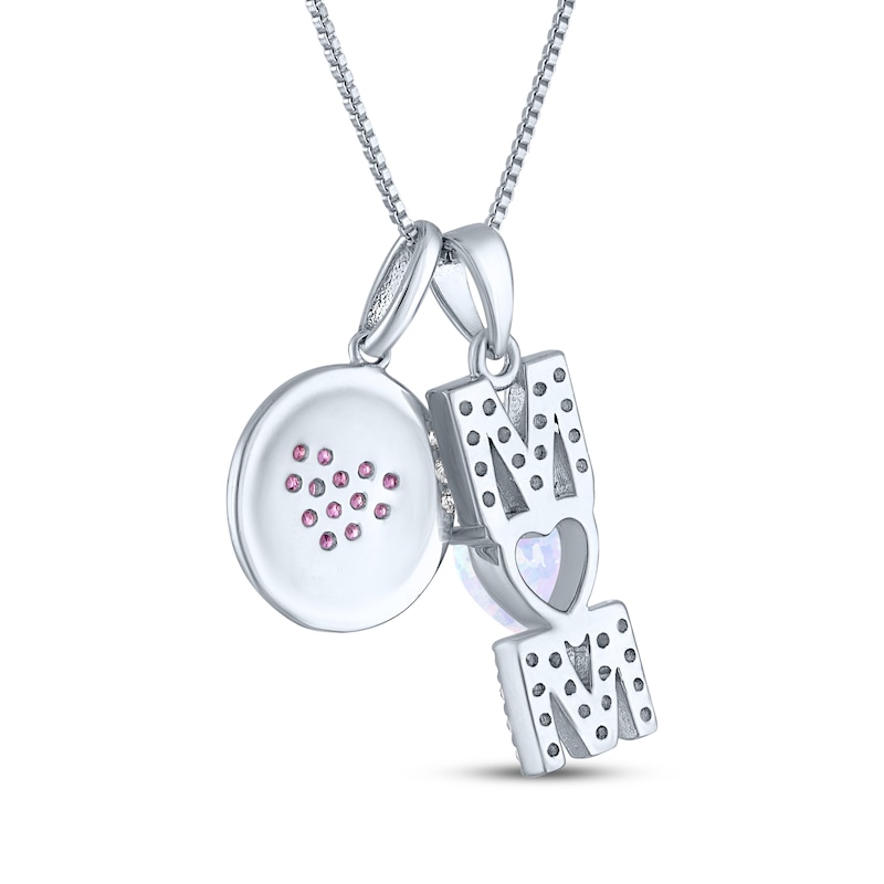 Main Image 3 of Heart-Shaped Lab-Created Opal, Pink & White Lab-Created Sapphire "Mom" Heart Necklace Sterling Silver 18"