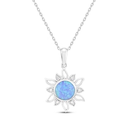 Blue Lab-Created Opal & White Lab-Created Sapphire Sun Necklace Sterling Silver 18"