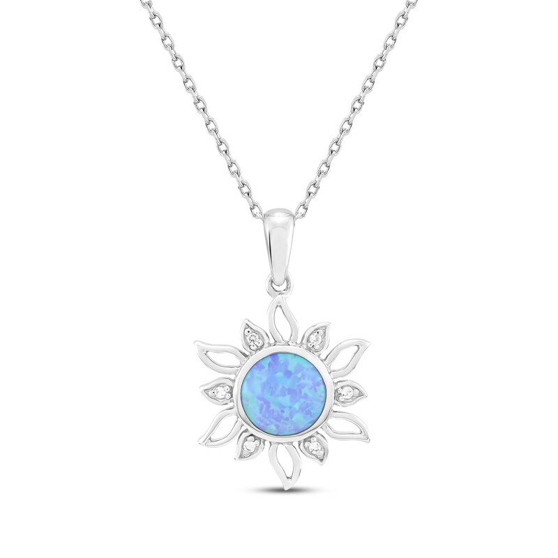 Main Image 1 of Blue Lab-Created Opal & White Lab-Created Sapphire Sun Necklace Sterling Silver 18"
