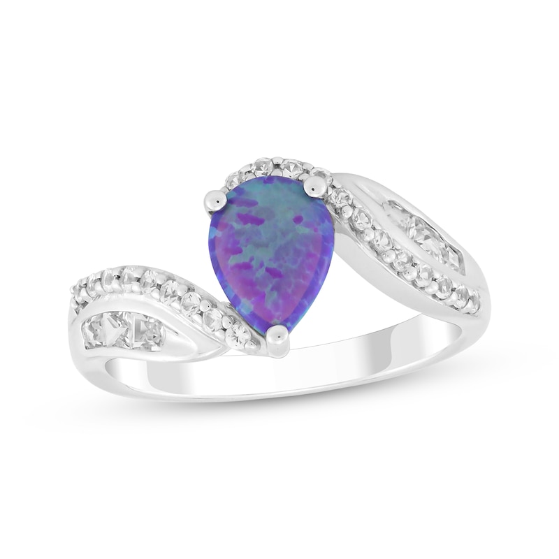 Main Image 1 of Pear-Shaped Lavender Lab-Created Opal & White Lab-Created Sapphire Bypass Ring Sterling Silver
