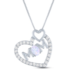 Oval-Cut Lab-Created Opal & White Lab-Created Sapphire Tilted Heart "Mom" Necklace Sterling Silver 18"
