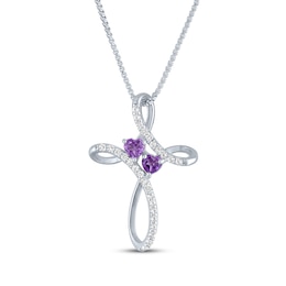 Heart-Shaped Amethyst & White Lab-Created Sapphire Cross Necklace Sterling Silver 18"
