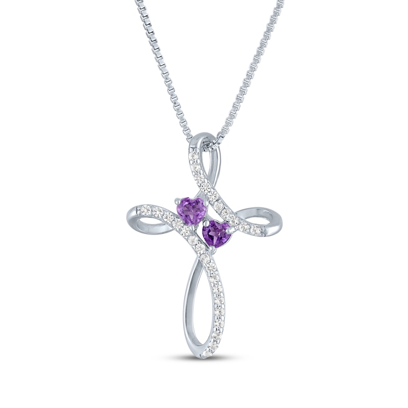 Main Image 1 of Heart-Shaped Amethyst & White Lab-Created Sapphire Cross Necklace Sterling Silver 18"