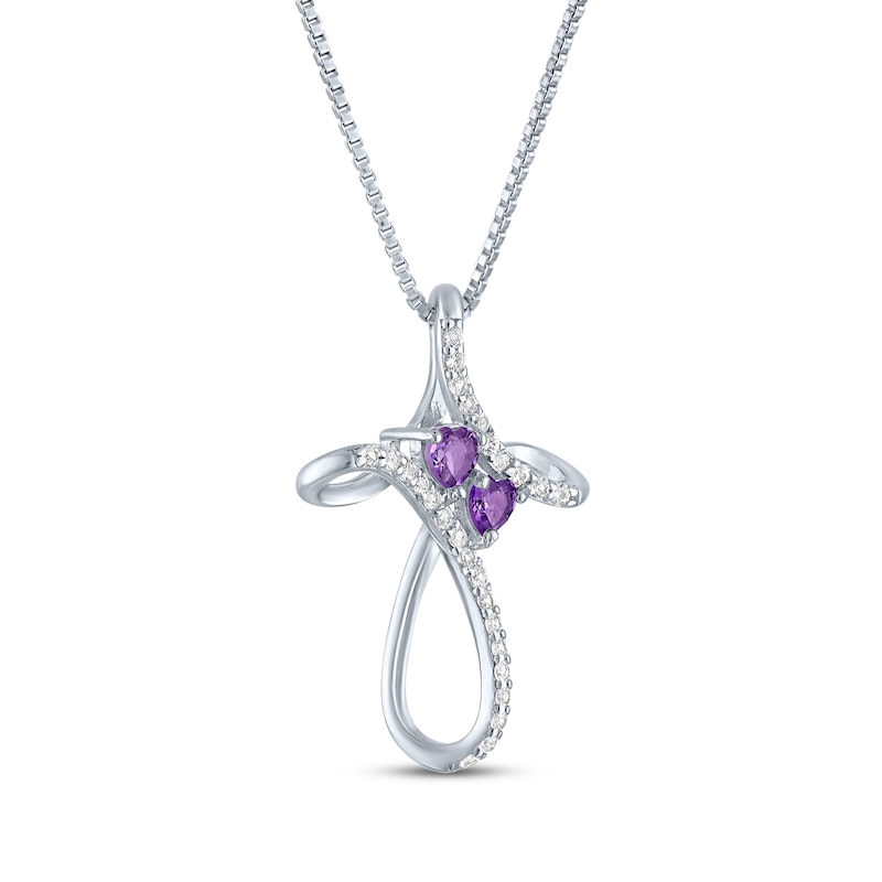 Main Image 2 of Heart-Shaped Amethyst & White Lab-Created Sapphire Cross Necklace Sterling Silver 18"
