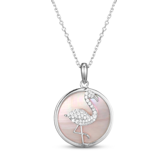 Pink Mother-of-Pearl & White Lab-Created Sapphire Flamingo Necklace Sterling Silver 18"