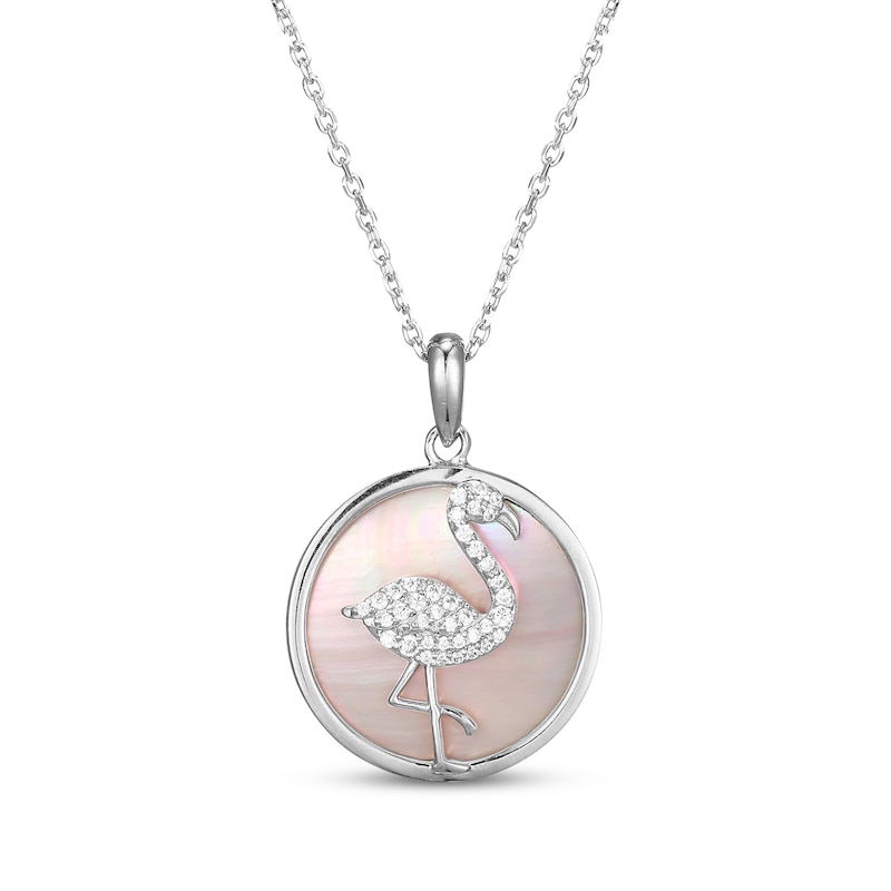 Main Image 1 of Pink Mother-of-Pearl & White Lab-Created Sapphire Flamingo Necklace Sterling Silver 18"