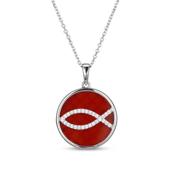 Red Agate & White Lab-Created Sapphire Ichthus Circle Necklace Sterling Silver 18"