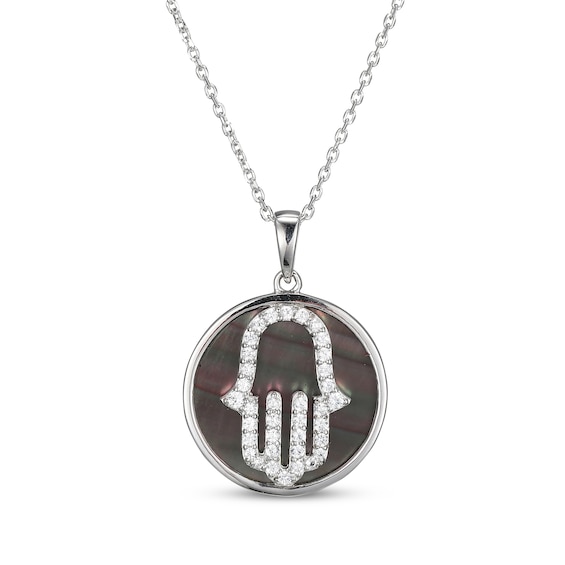 Grey Mother-of-Pearl & White Lab-Created Sapphire Hamsa Hand Circle Necklace Sterling Silver 18"
