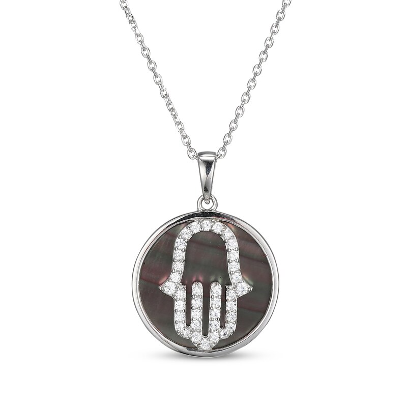 Main Image 1 of Grey Mother-of-Pearl & White Lab-Created Sapphire Hamsa Hand Circle Necklace Sterling Silver 18"