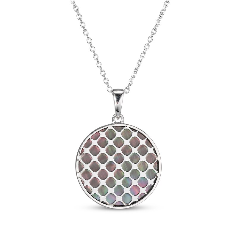 Main Image 3 of Grey Mother-of-Pearl & White Lab-Created Sapphire Hamsa Hand Circle Necklace Sterling Silver 18"