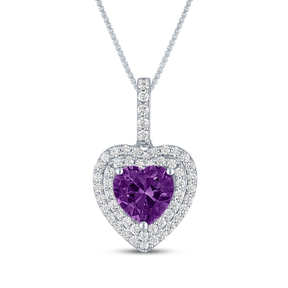 Heart-Shaped Amethyst & White Lab-Created Sapphire Necklace Sterling Silver 18"