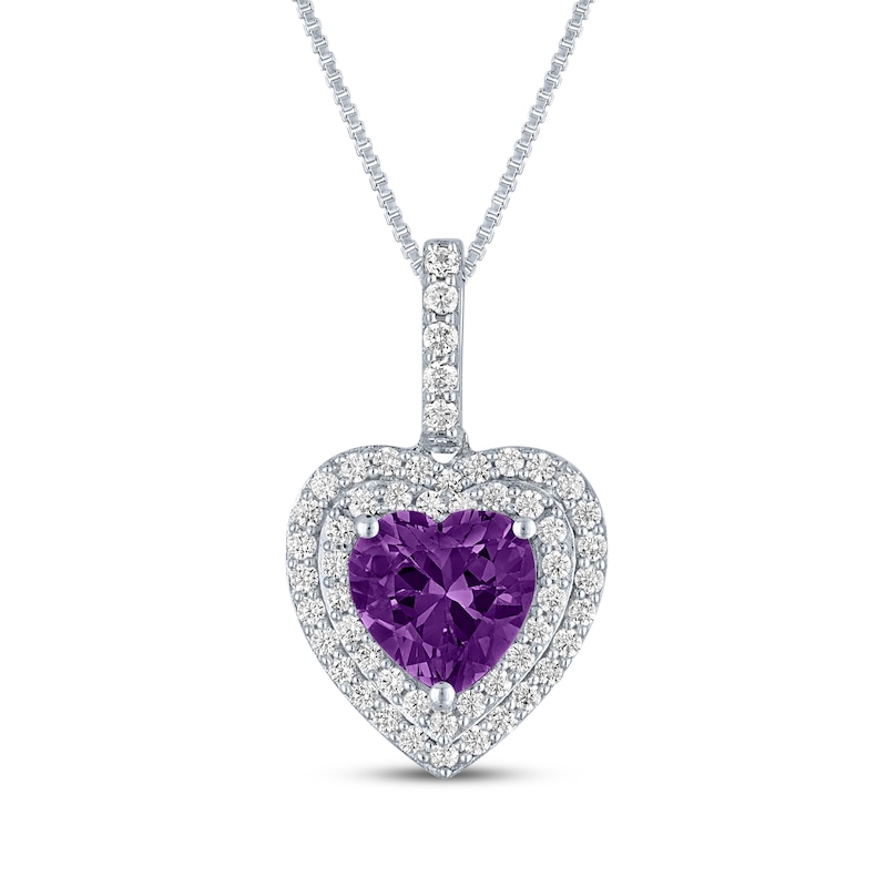 Main Image 1 of Heart-Shaped Amethyst & White Lab-Created Sapphire Necklace Sterling Silver 18"