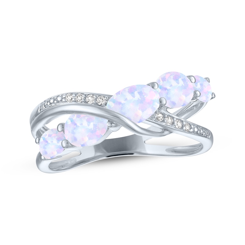 Main Image 1 of Oval-Cut Lab-Created Opal & White Lab-Created Sapphire Crossover Ring Sterling Silver