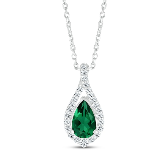 Pear-Shaped Lab-Created Emerald & White Lab-Created Sapphire Twist Frame Necklace Sterling Silver 18"