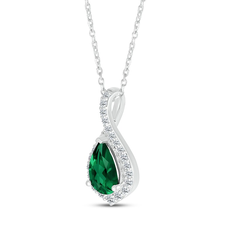 Main Image 2 of Pear-Shaped Lab-Created Emerald & White Lab-Created Sapphire Twist Frame Necklace Sterling Silver 18"