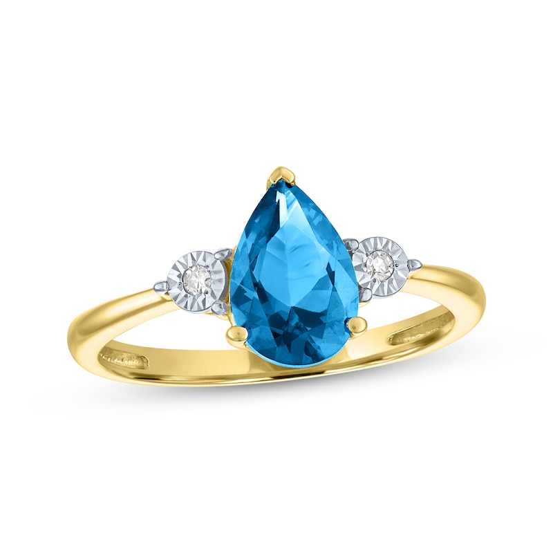 Main Image 1 of Pear-Shaped Swiss Blue Topaz & Diamond Accent Ring 10K Yellow Gold