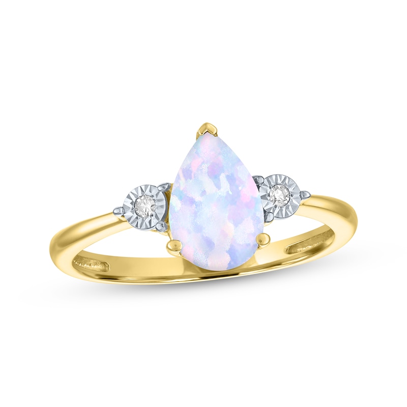 Main Image 1 of Pear-Shaped Lab-Created Opal & Diamond Accent Ring 10K Yellow Gold
