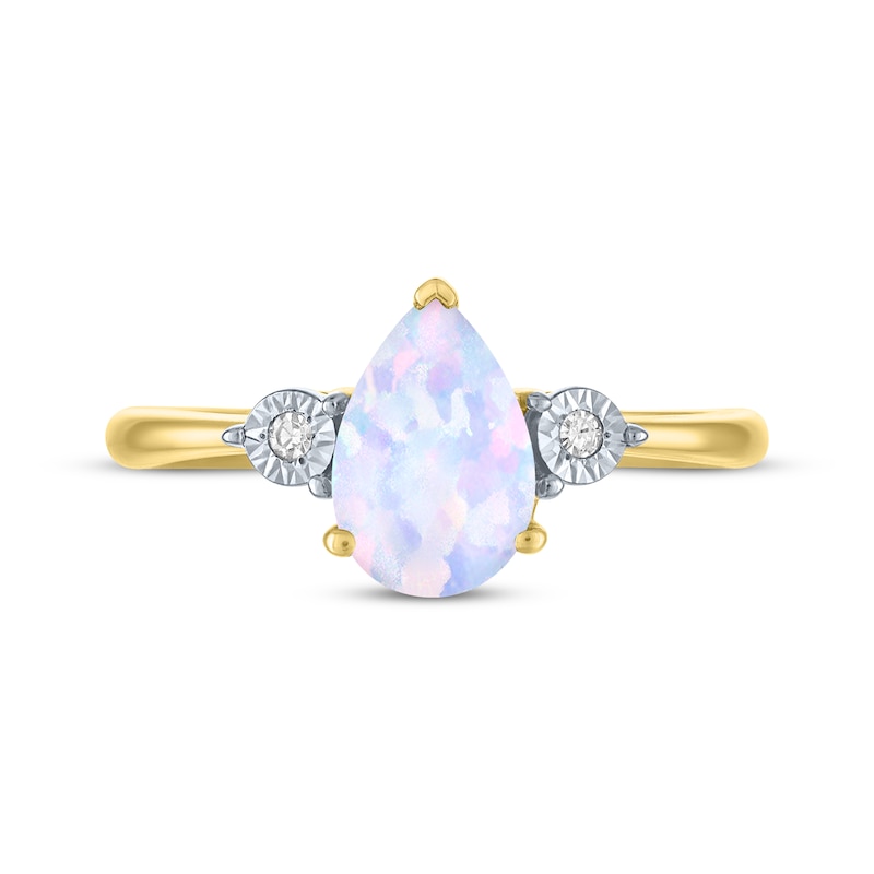Main Image 3 of Pear-Shaped Lab-Created Opal & Diamond Accent Ring 10K Yellow Gold