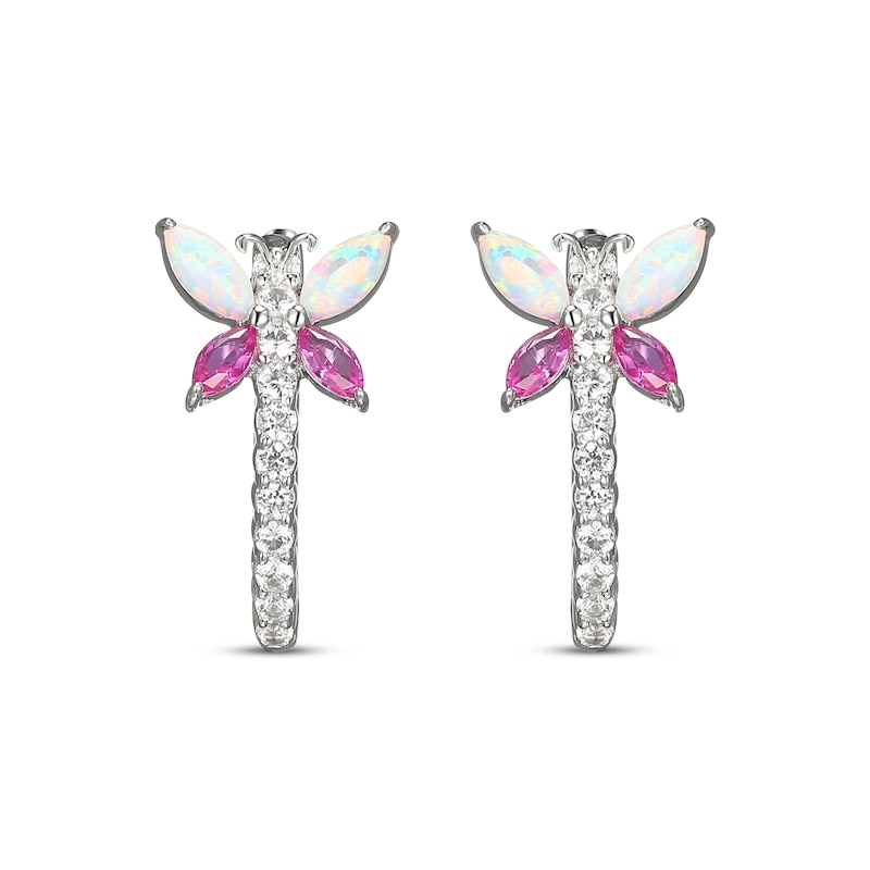 Main Image 2 of Lab-Created Opal, Pink & White Lab-Created Sapphire Dragonfly Hoop Earrings Sterling Silver