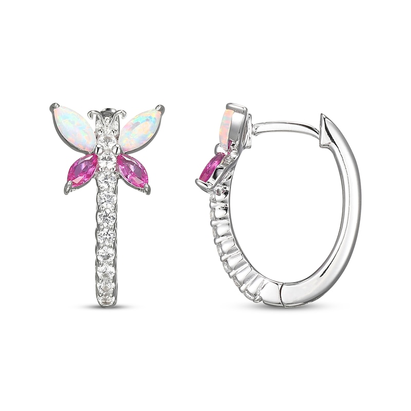 Main Image 3 of Lab-Created Opal, Pink & White Lab-Created Sapphire Dragonfly Hoop Earrings Sterling Silver