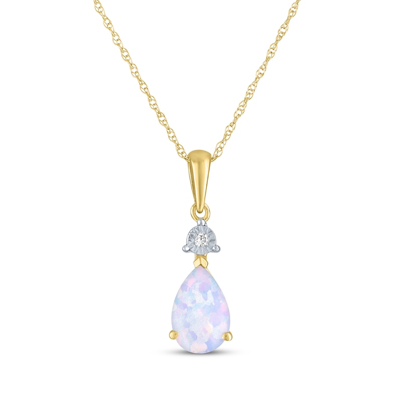 Main Image 1 of Pear-Shaped Lab-Created Opal & Diamond Accent Necklace 10K Yellow Gold 18"