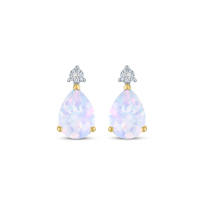 Main Image 2 of Pear-Shaped Lab-Created Opal & Diamond Accent Earrings 10K Yellow Gold