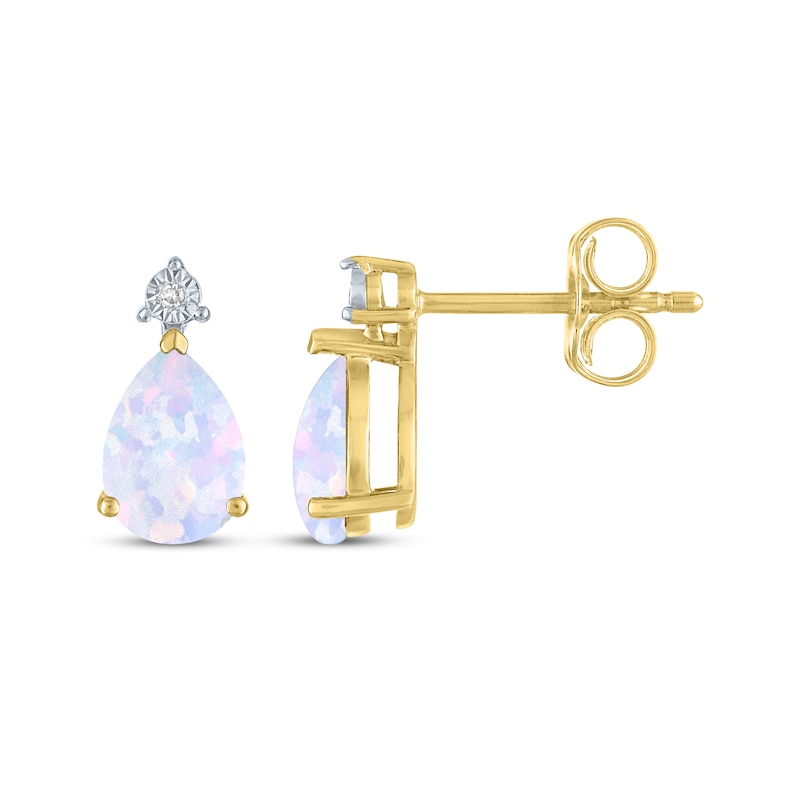 Main Image 3 of Pear-Shaped Lab-Created Opal & Diamond Accent Earrings 10K Yellow Gold