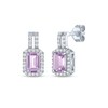 Thumbnail Image 1 of Emerald-Cut Light Amethyst & White Lab-Created Sapphire Halo Drop Earrings Sterling Silver