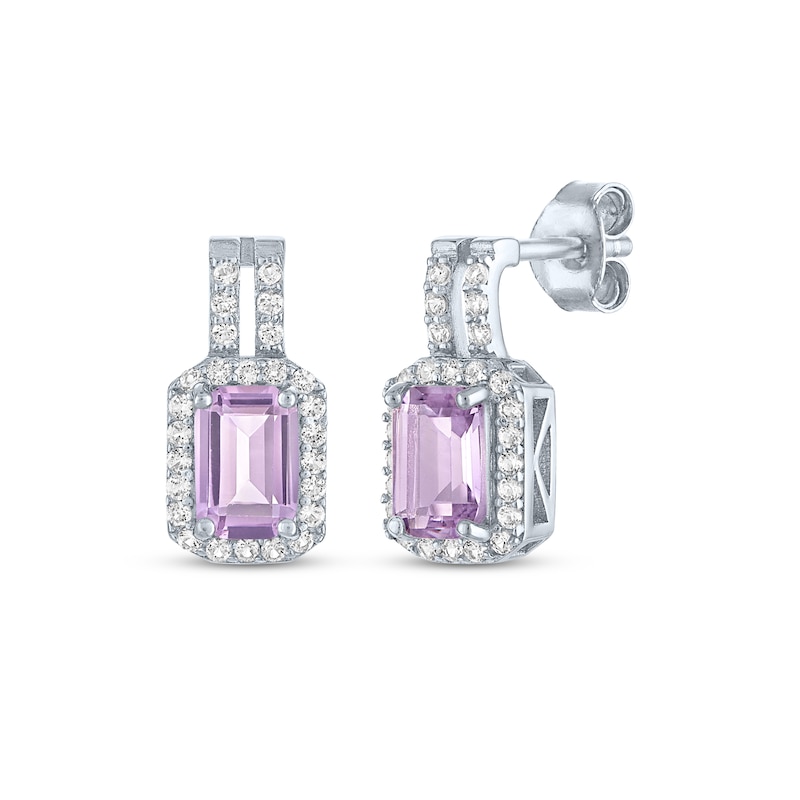 Main Image 1 of Emerald-Cut Light Amethyst & White Lab-Created Sapphire Halo Drop Earrings Sterling Silver
