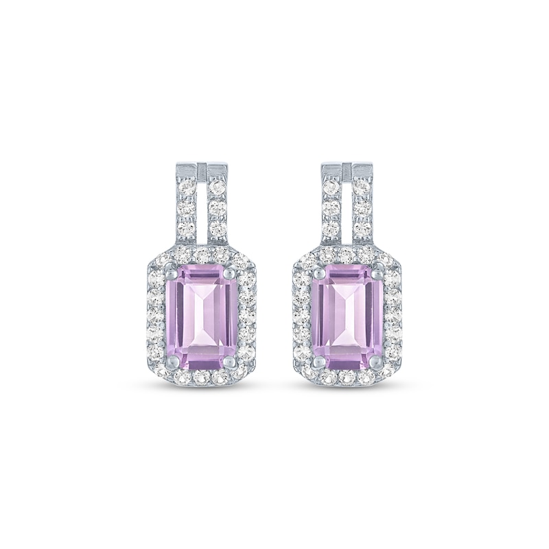 Main Image 2 of Emerald-Cut Light Amethyst & White Lab-Created Sapphire Halo Drop Earrings Sterling Silver