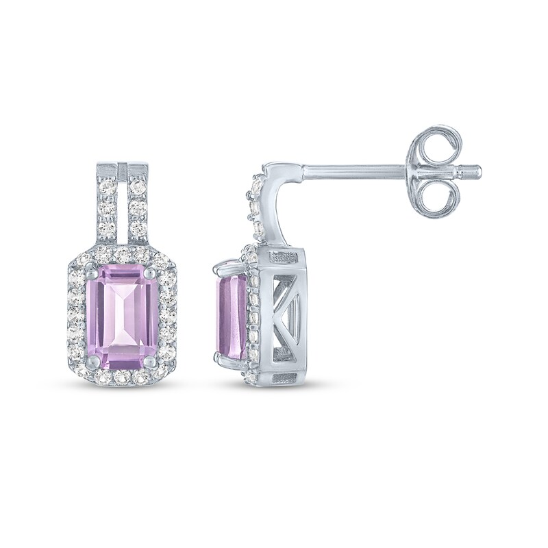 Main Image 3 of Emerald-Cut Light Amethyst & White Lab-Created Sapphire Halo Drop Earrings Sterling Silver