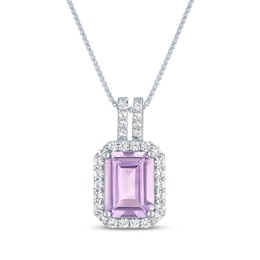 Emerald-Cut Light Amethyst & White Lab-Created Sapphire Halo Necklace Sterling Silver 18"
