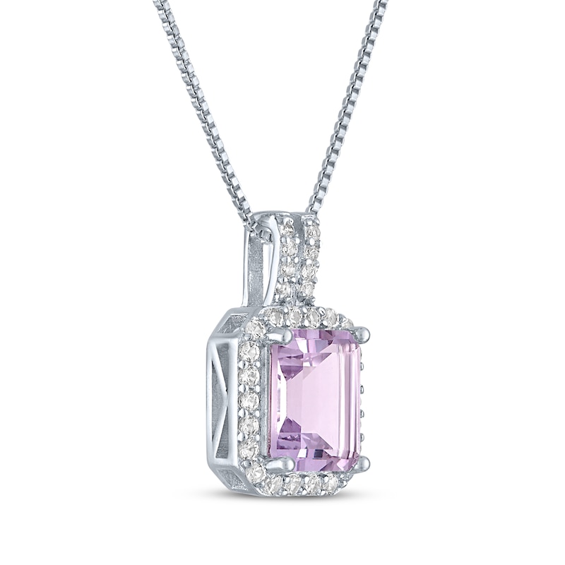 Main Image 2 of Emerald-Cut Light Amethyst & White Lab-Created Sapphire Halo Necklace Sterling Silver 18"