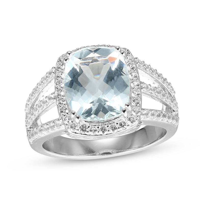 Main Image 1 of Cushion-Cut Aquamarine & White Lab-Created Sapphire Ring Sterling Silver
