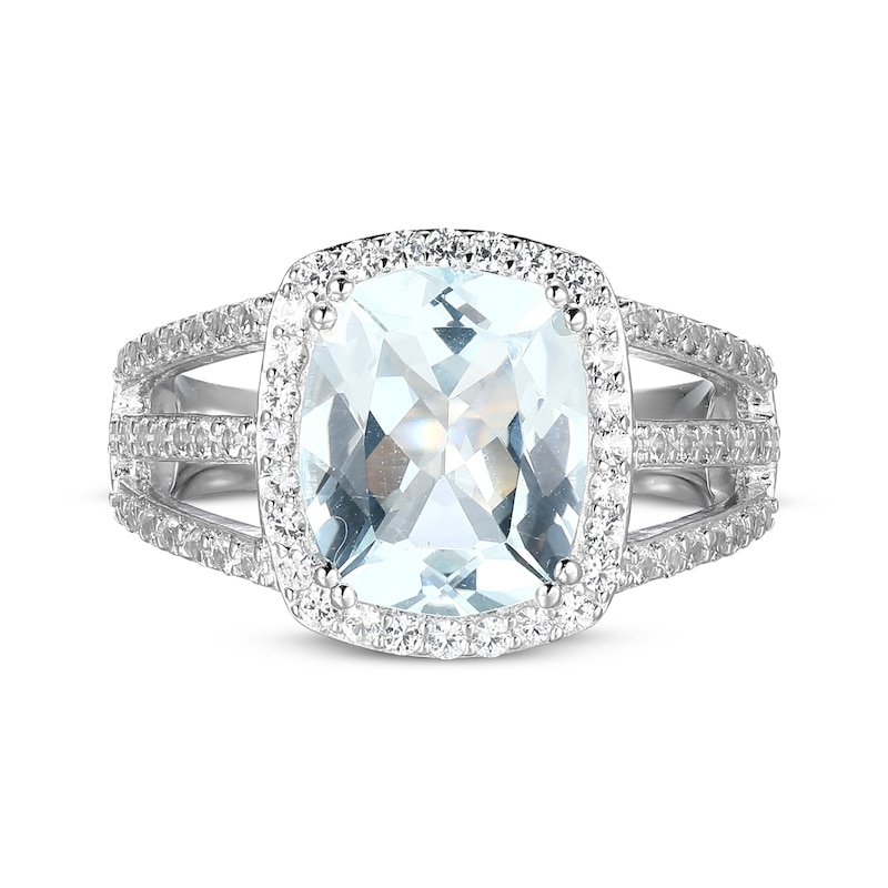 Main Image 3 of Cushion-Cut Aquamarine & White Lab-Created Sapphire Ring Sterling Silver