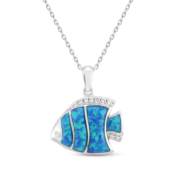 Lab-Created Opal & White Lab-Created Sapphire Fish Necklace Sterling Silver 18"