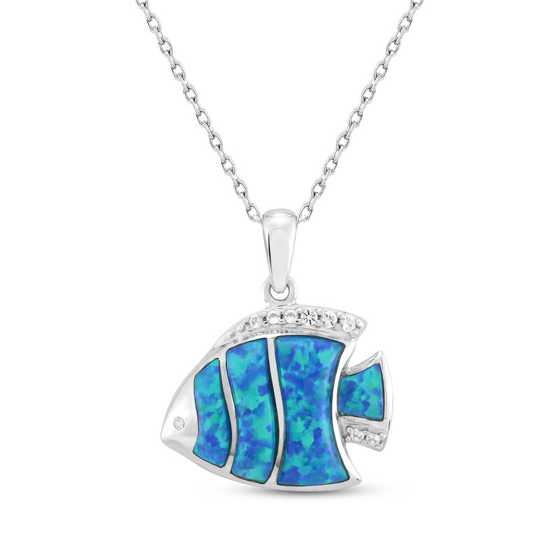 Main Image 1 of Lab-Created Opal & White Lab-Created Sapphire Fish Necklace Sterling Silver 18"