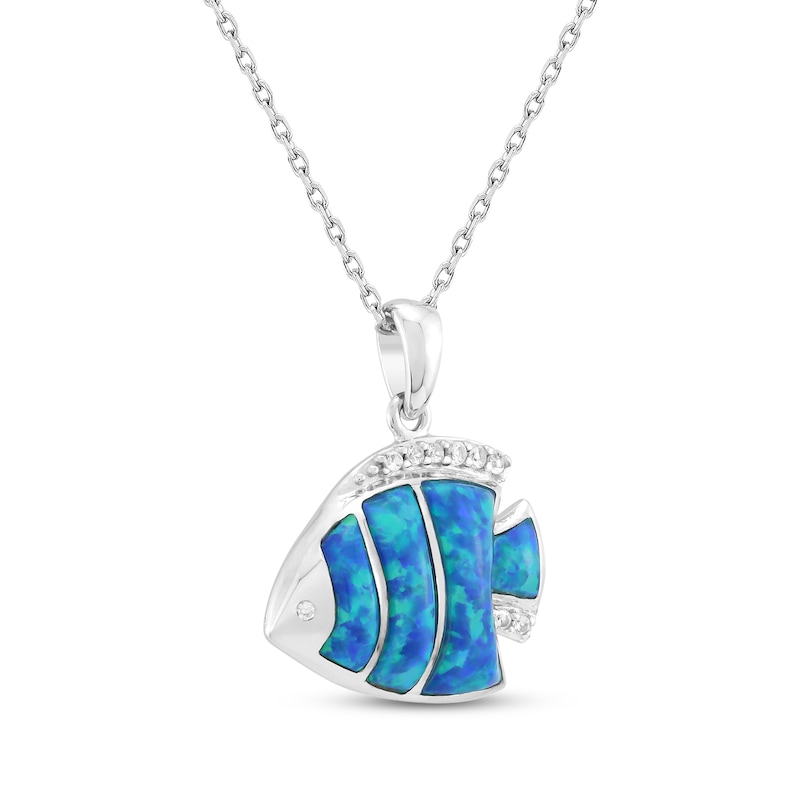 Main Image 2 of Lab-Created Opal & White Lab-Created Sapphire Fish Necklace Sterling Silver 18"