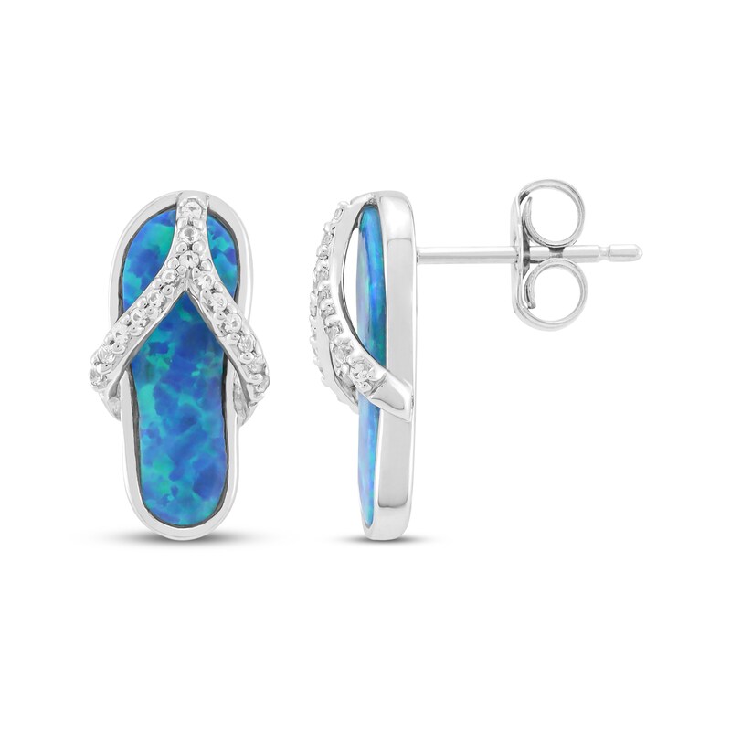 Main Image 3 of Lab-Created Opal & White Lab-Created Sapphire Flip-Flop Drop Earrings Sterling Silver