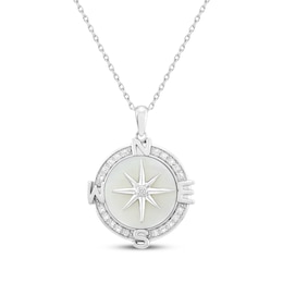 Mother-of-Pearl & White Lab-Created Sapphire Compass Necklace Sterling Silver 18"