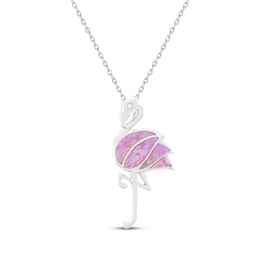 Lab-Created Pink Opal & White Lab-Created Sapphire Flamingo Necklace 18"