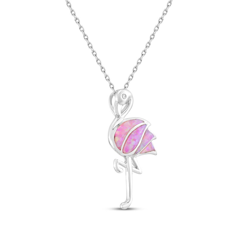 Main Image 2 of Lab-Created Pink Opal & White Lab-Created Sapphire Flamingo Necklace 18"